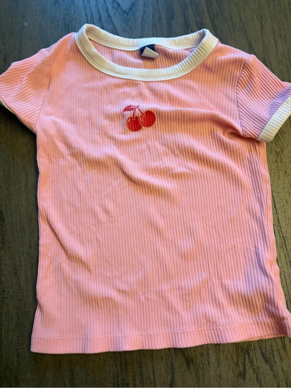 Old Navy Pink Ribbed Tee with Red Cherry Patch